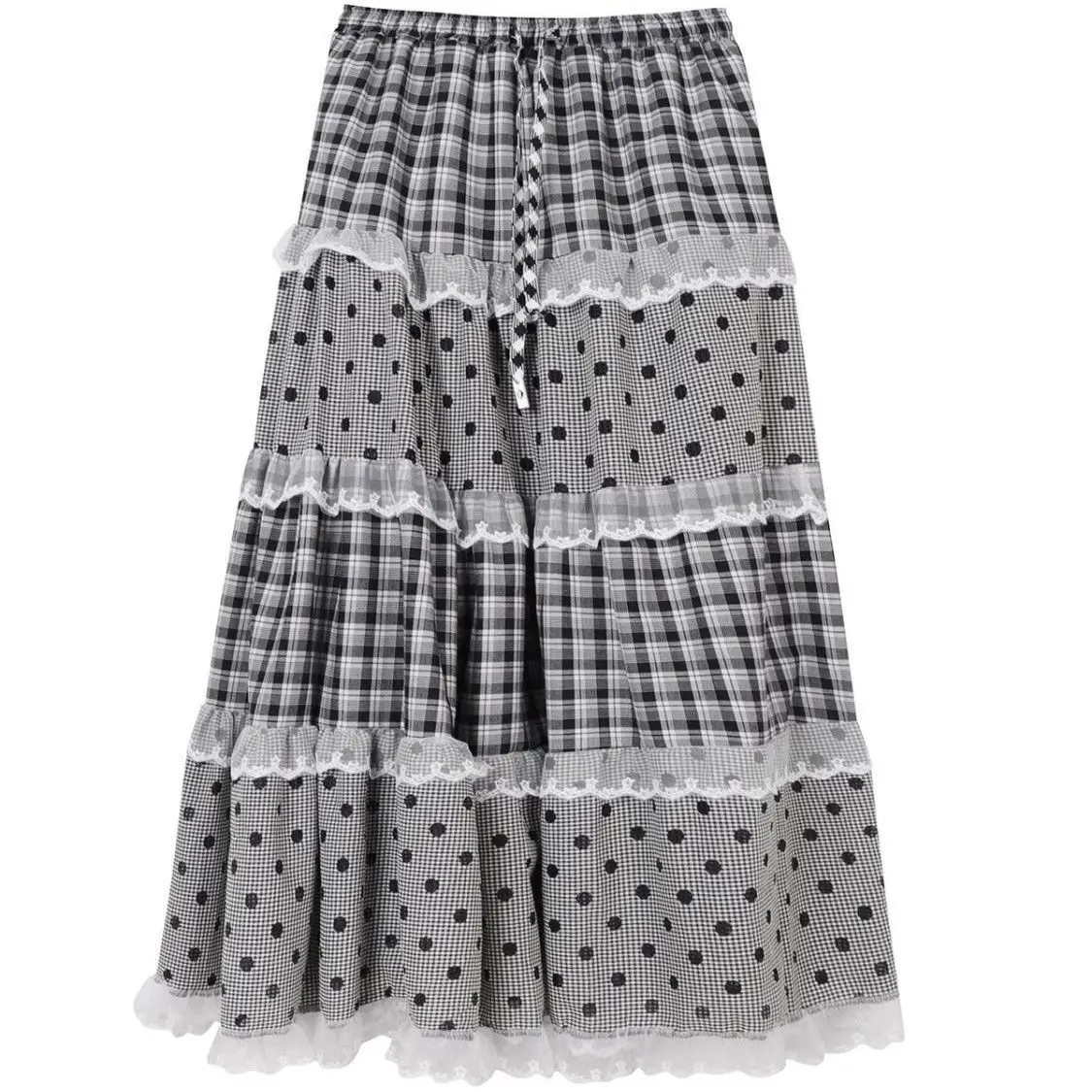 French lace spliced black and white gingham polka dot lace cake long skirt new design retro classic romantic elegant half skirt