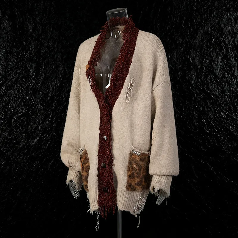 EAEOVNI Vintage Hollow Out Knitted Cardigan Women Fashion V Neck Contrast Color Streetwear Loose Sweater Coat Autumn Winter New