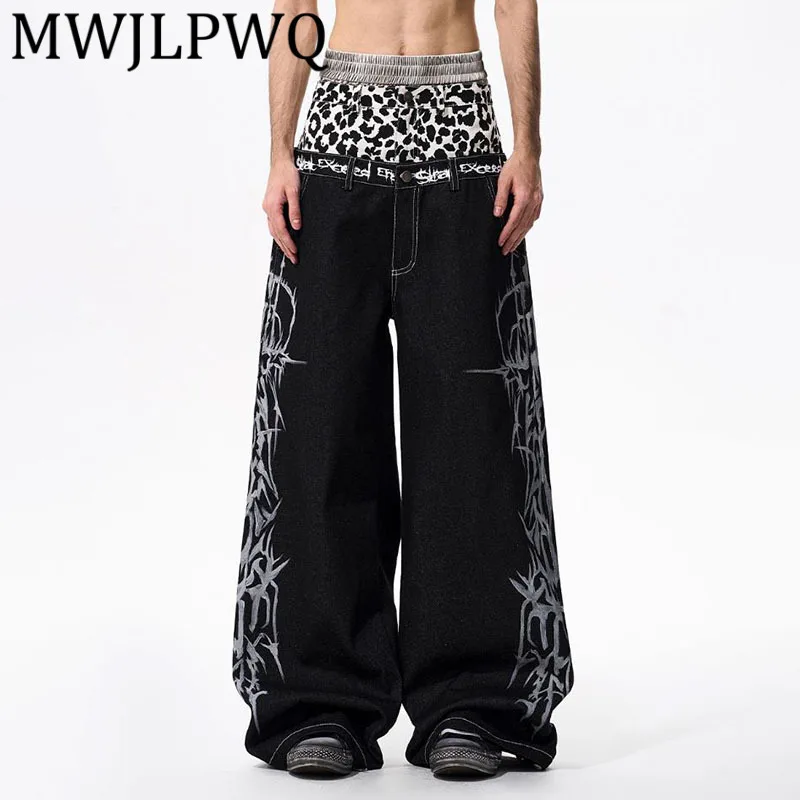 

MWJLPWQ Мужские джинсы с леопардовым принтом и двойным поясом, осенние уличные мужские широкие брюки Bayy из воловьей кожи с ручной росписью 12279