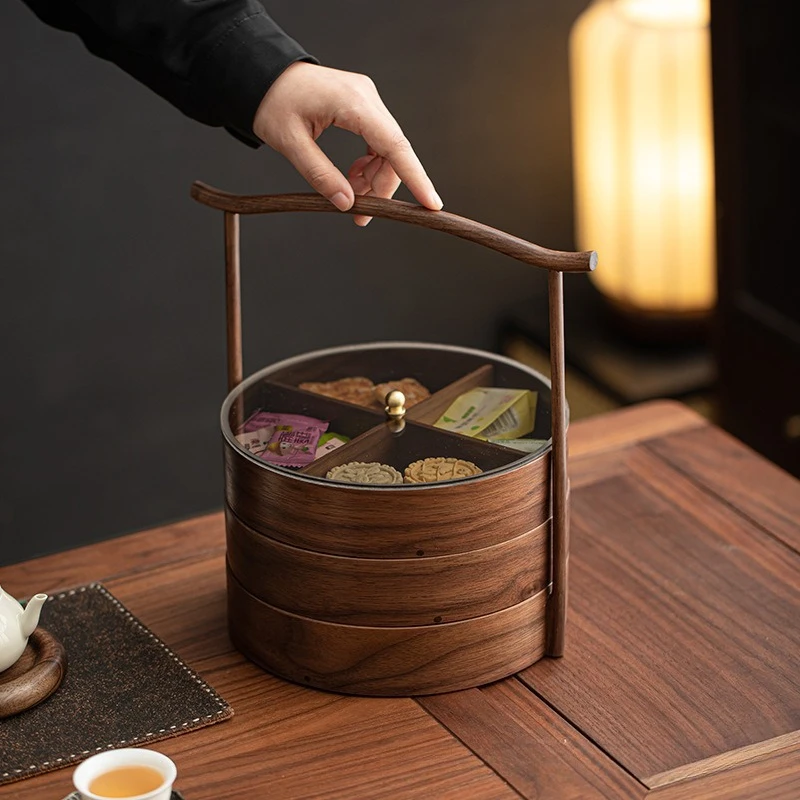 Black walnut four-grid dried fruit plate light luxury high-end household living room snack plate housewarming melon seeds nut ca