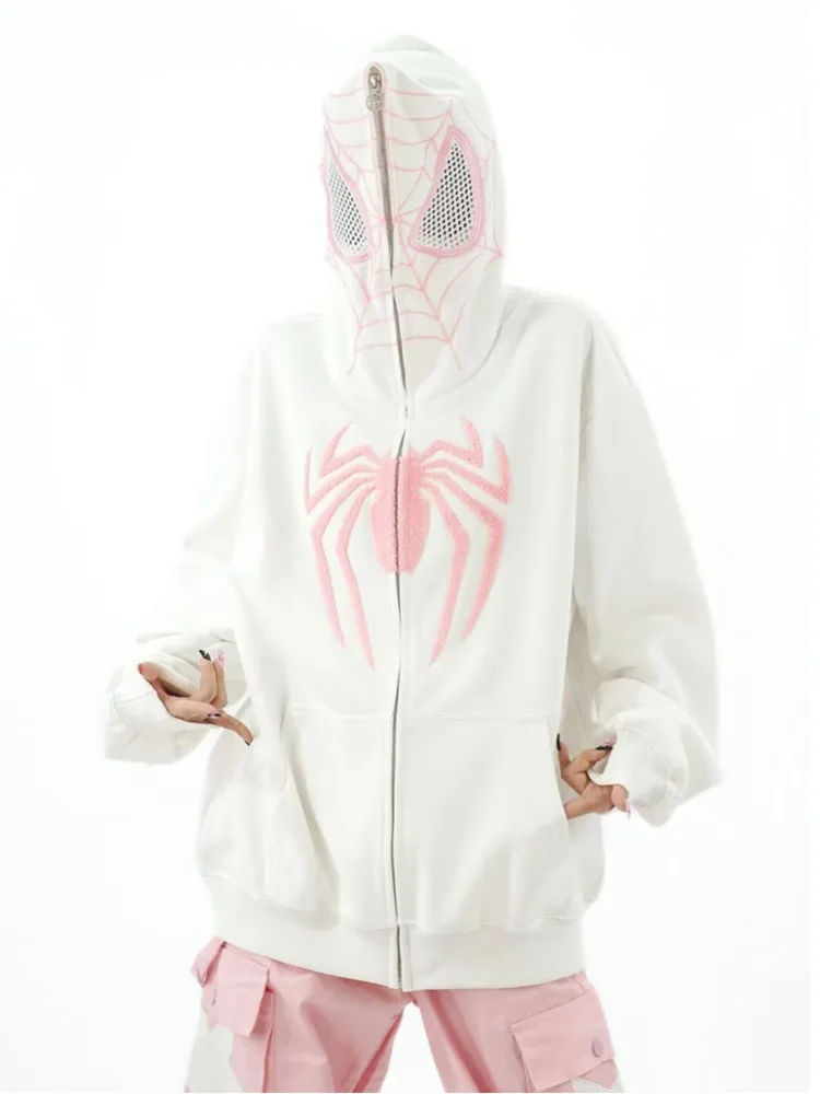 Vintage Embroidery Spider Hoodie Women Men Casual Full Zip Up Hood Shirt Harajuku Streetwear Oversized Sweatshirts Y2K Clothes