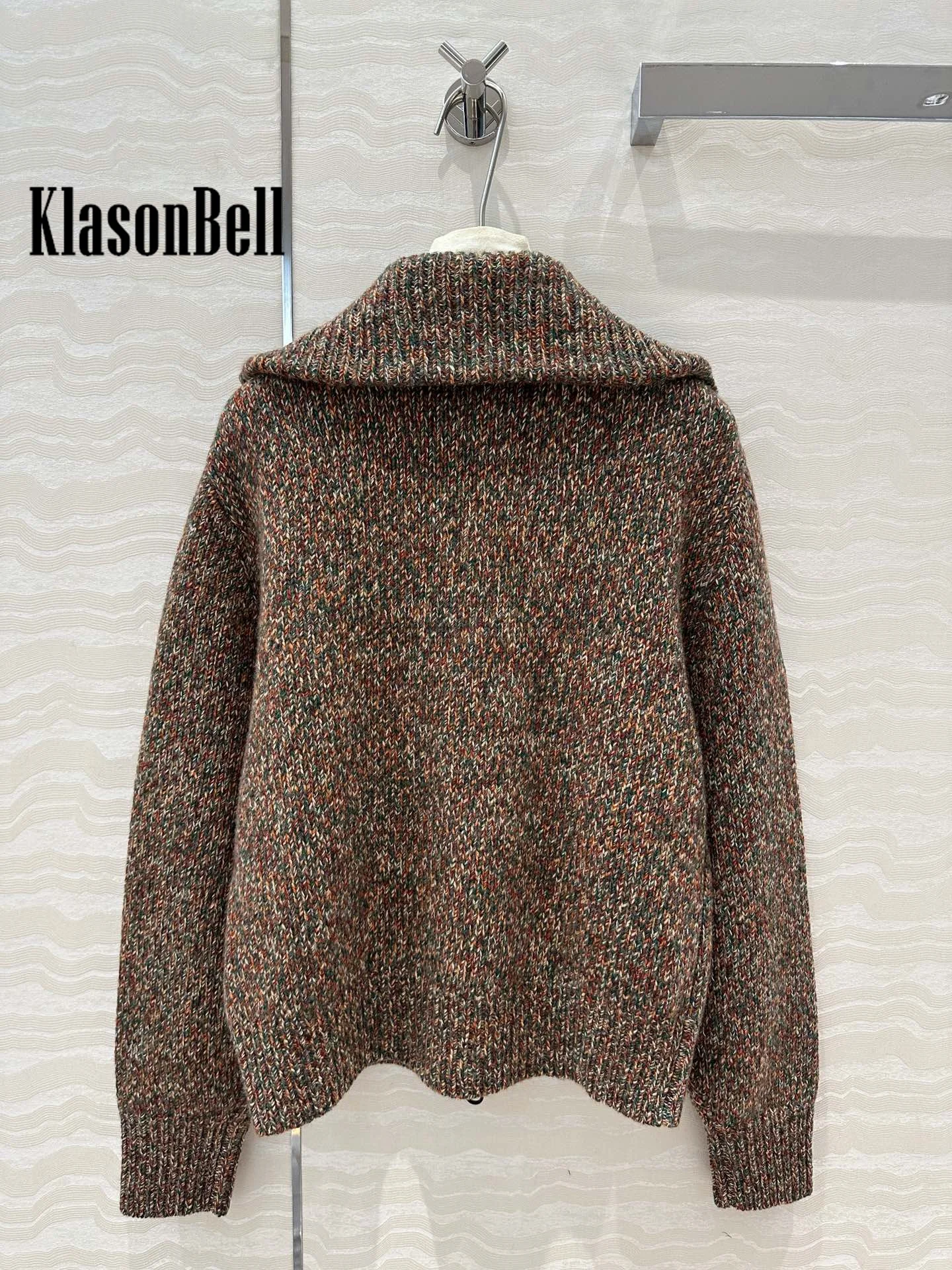 9.1 KlasonBell Women Classic Casual Fancy Coarse Yarn Turn-down Collar Zipper Cardigan Double Pocket Cashmere Knit Coat