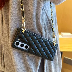 For Samsung Galaxy Z Fold 7 6 5 4 3 5G Luxury Fashion Premium Lambskin Leather Shockproof Case Cover With Crossbody Long Chain