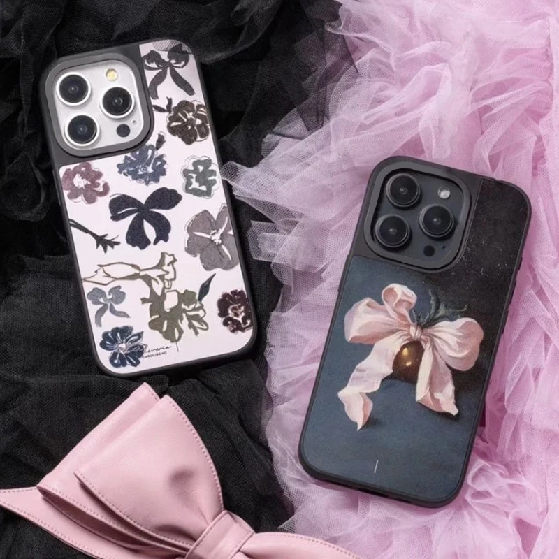 

Flower Bowknot Black Silver Border Mirror Magnetic Phone Case Cover for IPhone 12 13 14 15 16 Pro Max Case