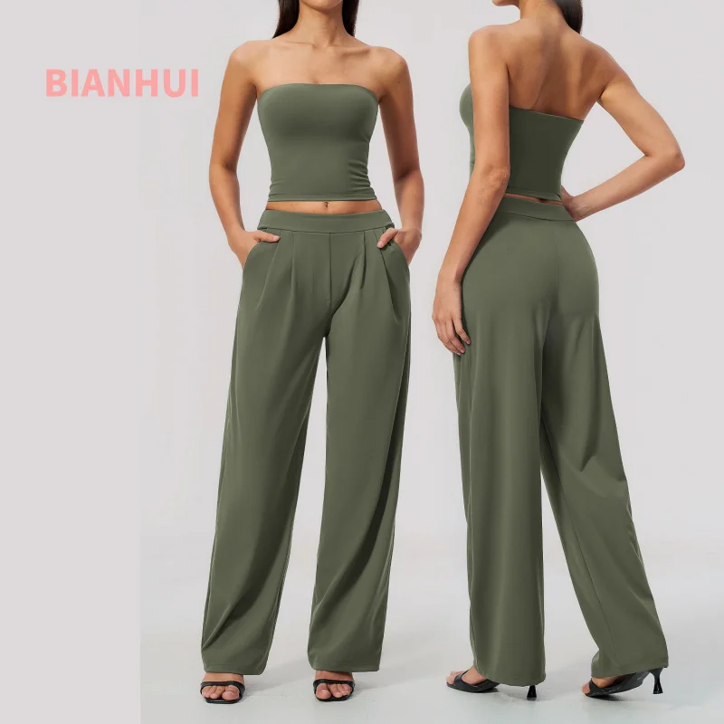 Women 2‑Piece Yoga Outfit Set Strapless Tube Top High Waist Wide Leg Pants Breathable Quick Dry Tummy Casual Workout Activewear