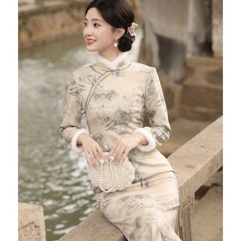 Mandarin Collar Chinese Traditional Dress Vintage Printed Cheongsam Plus Size Slim Classic Elegant Qipao Winter Thickened Qipao