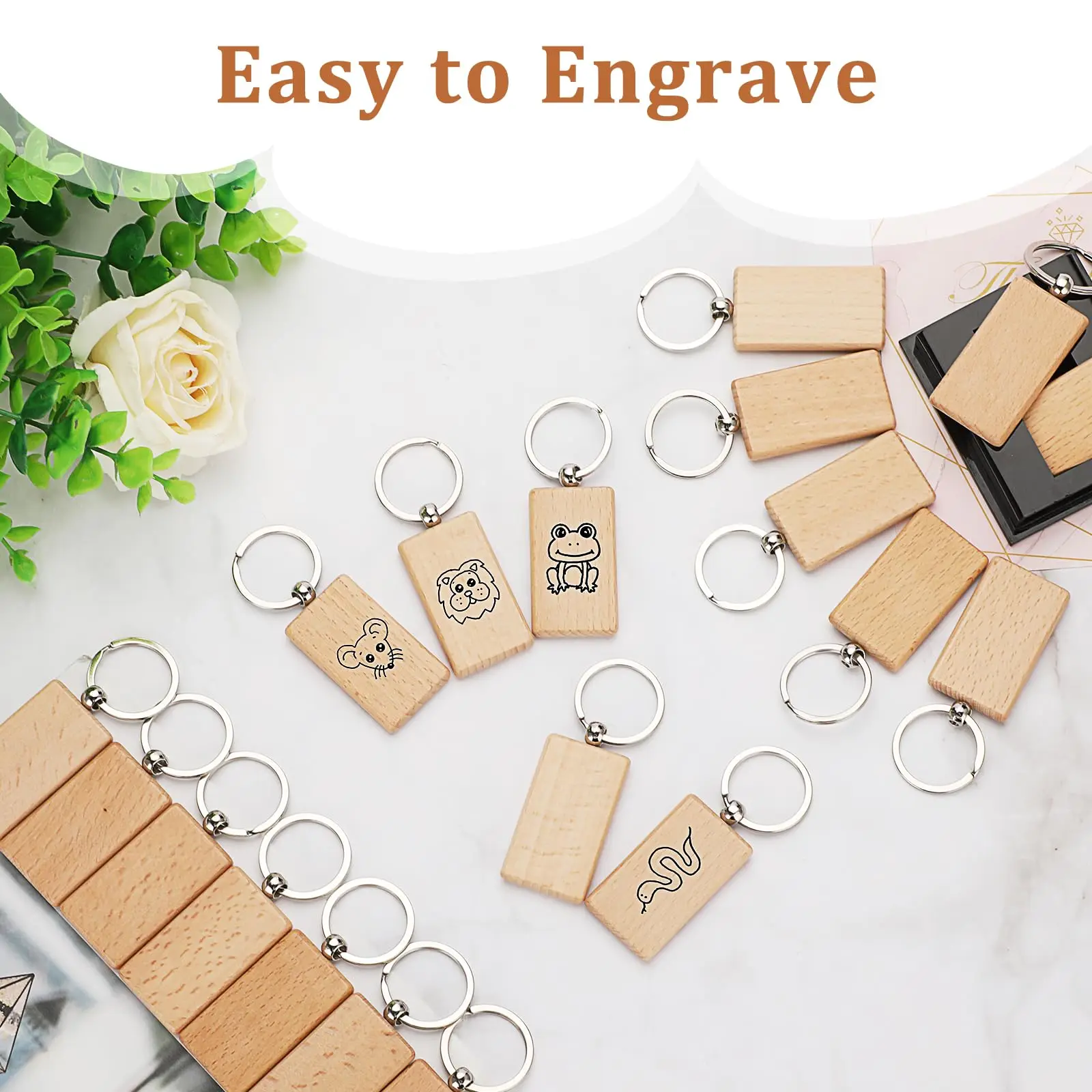 50Pcs Blank Wooden Keychain Rectangular Engraving Key ID Can Be Engraved DIY