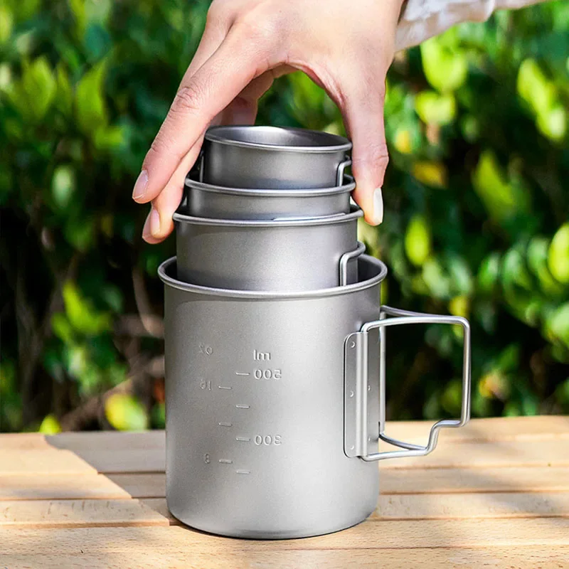 200/300/450/750ml Pure Titanium Mugs With Lid And Folding Handle,Single-layer,Antibacterial,Anti-mold,Outdoor Travel Water CUP