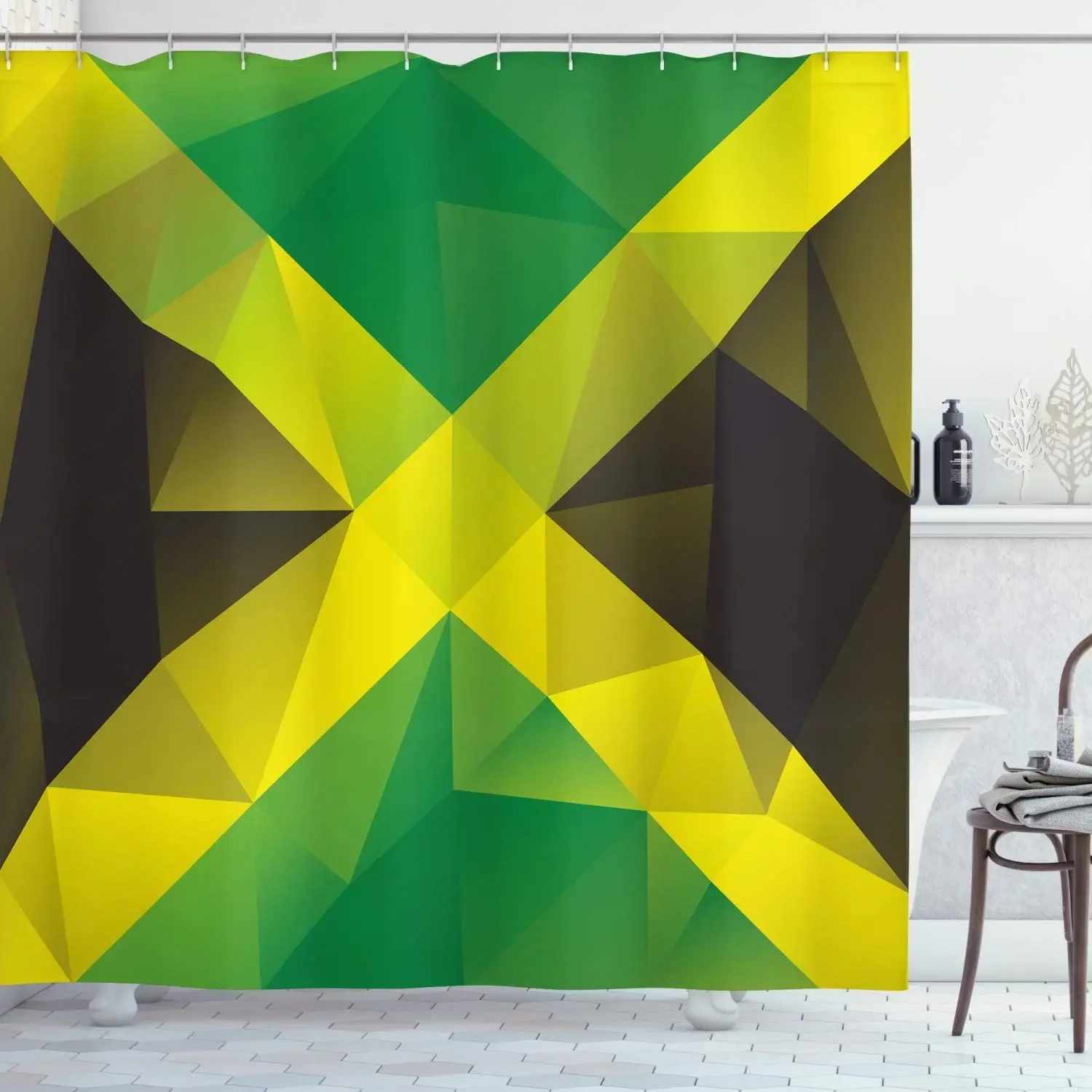 Jamaican Shower Curtain Triangular Polygon Design Abstract Flag Geometric National Cloth Fabric Bathroom Decor Set with Hooks