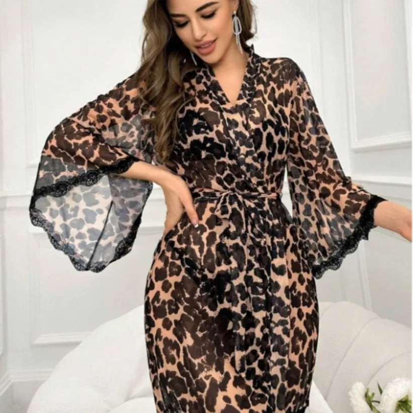 

Allover Leopard Print Summer Autumn Bathrobe Belted Bridesmaid Robe Mid Night Gown Mesh Nightie Sexy Loungewear Soft Sleepwear