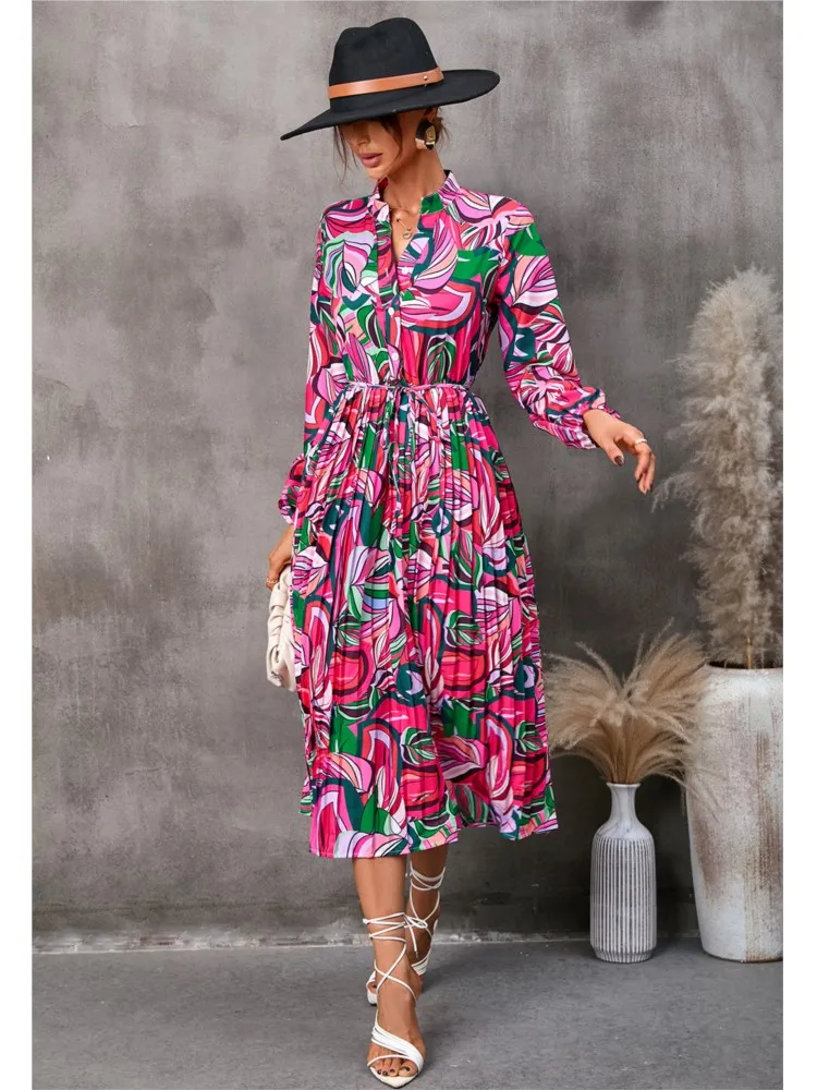 Nowa damska jesienna sukienka z nadrukiem liści, sznurowana w talii, o średniej długości, z długim rękawem, kołnierzykiem koszulowym, codzienna, wygodna, plisowana.