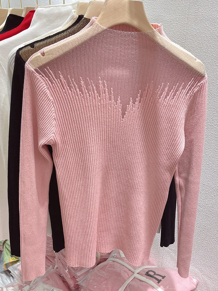 European Pink Sweater Women\'s Standing Neck Pullover Sexy Perspective Mesh Splice Knitted Bottom Shirt Autumn/Winter Top