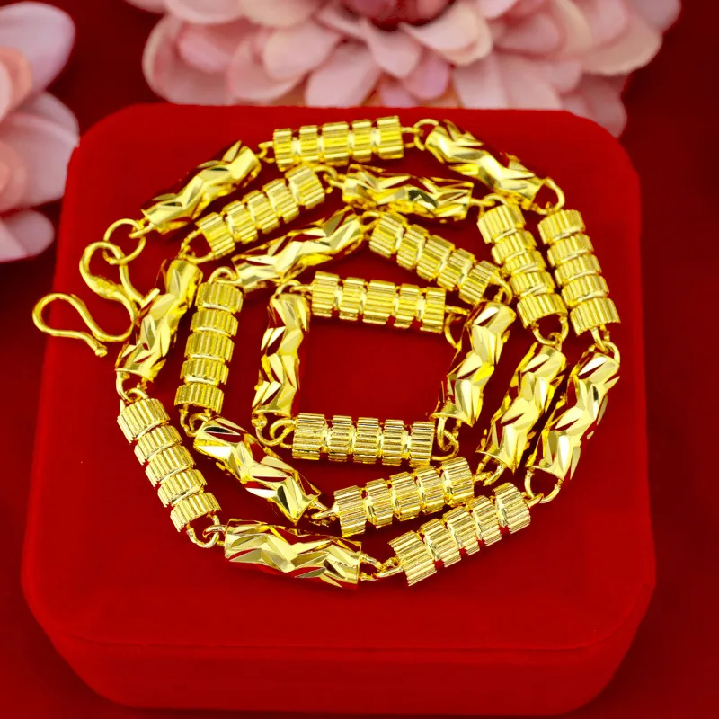 Wholesale of Gold Solid Car Flower Necklaces 18k Gold Men's Domineering and Fashionable Large Car Flower Cylindrical Chains