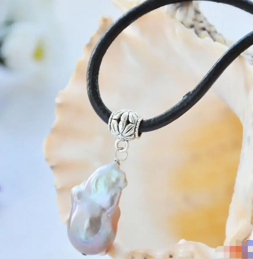 

Fashion jewelry Huge 17" 30mm LAVENDER baroque keshi reborn pearl pendant leather necklace Noble style Natura