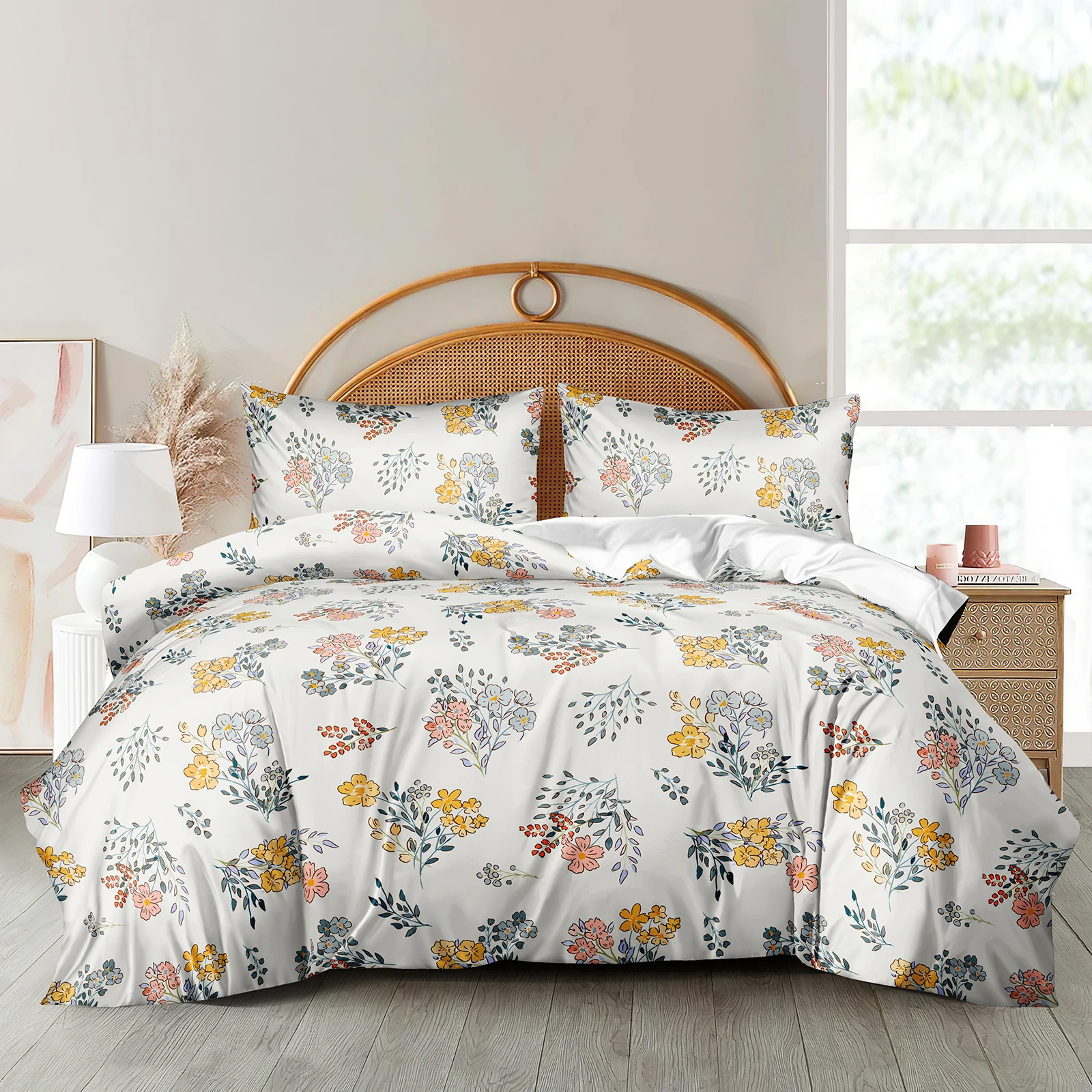 Colorful Floral Quilt Covers Flower Branches Bedding Set 3 Pcs Ditsy Floral Bed Set for Girls Boys Teens Minimalist Bedding Set