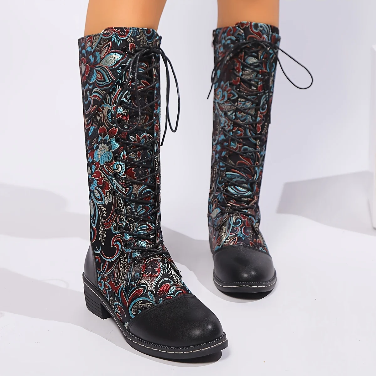 Ethnic Style Lace-Up Mid-Calf Women Boots New Classic Stylish Handmade Patchwork Mid-Calf Boots Women for Autumn Winter Shoes