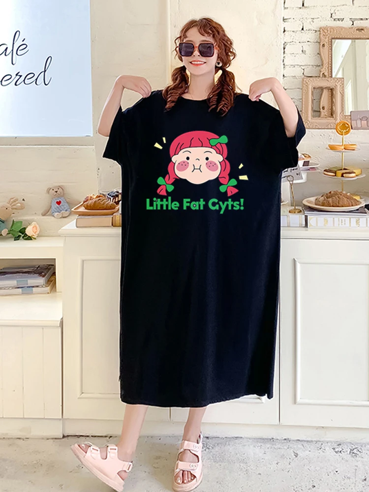 캐주얼 코튼 여름 드레스 여성의 느슨한 티셔츠 스타일 홈웨어 긴 무릎 길이 게으른 소녀 드레스 편안한 플러스 사이즈