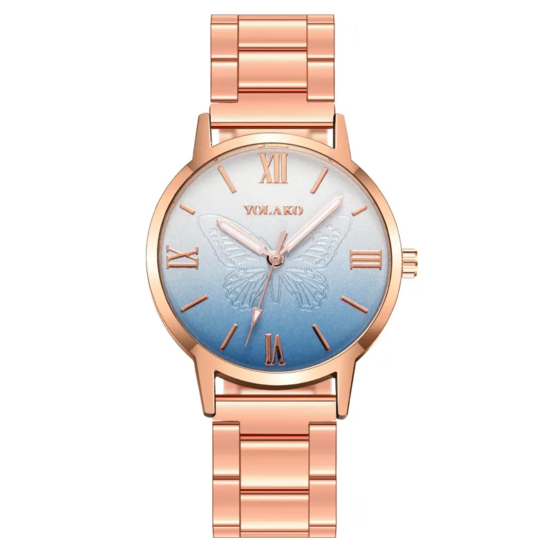 Mulheres Relógio Quartzo Gradiente de Borboleta, Padrão Romano, Banda Aço