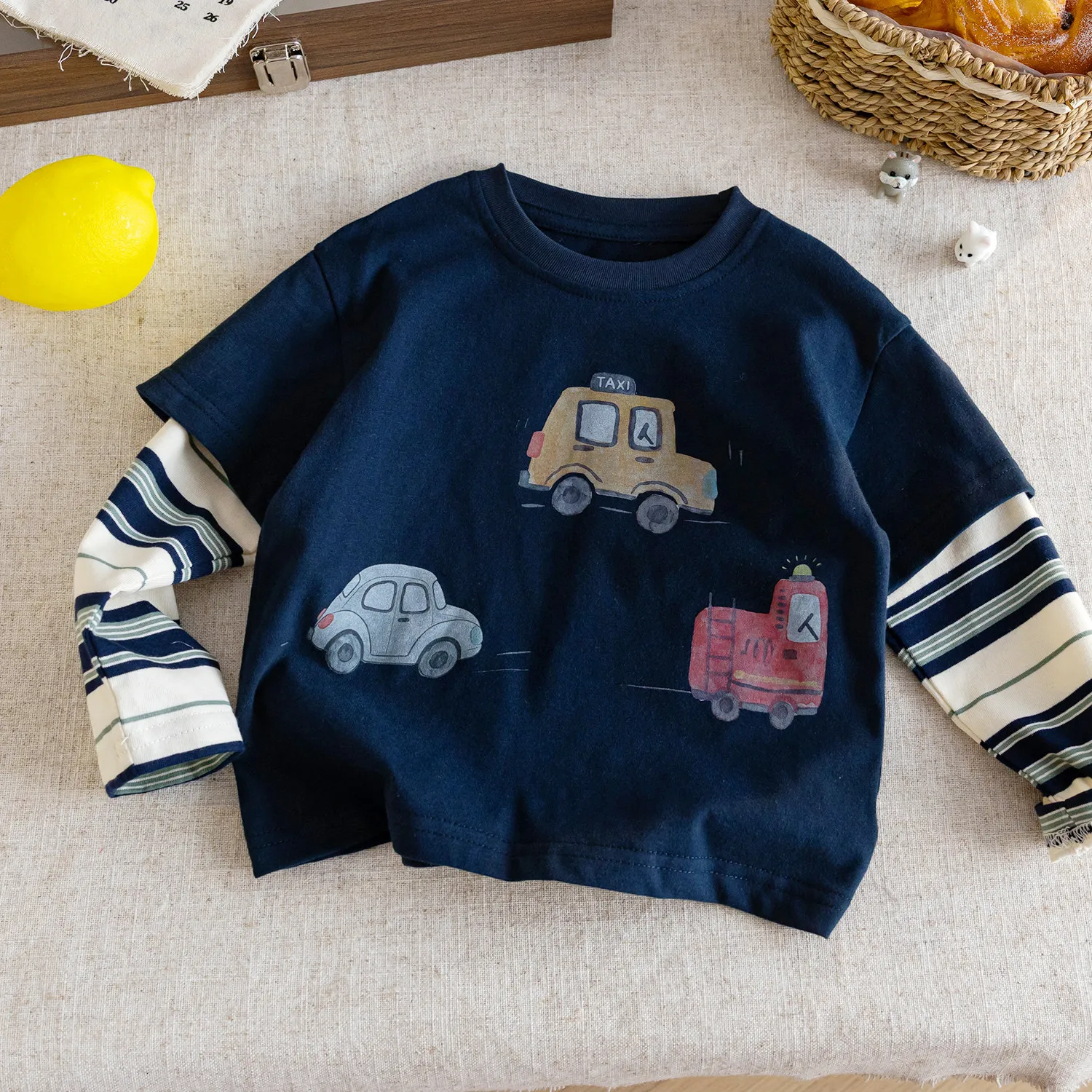 Boys Fake Two Layer Long Sleeve T Shirt Spring Autumn Cartoon Print Round Neck Patchwork Sleeve Cotton Undershirt Versatile Top