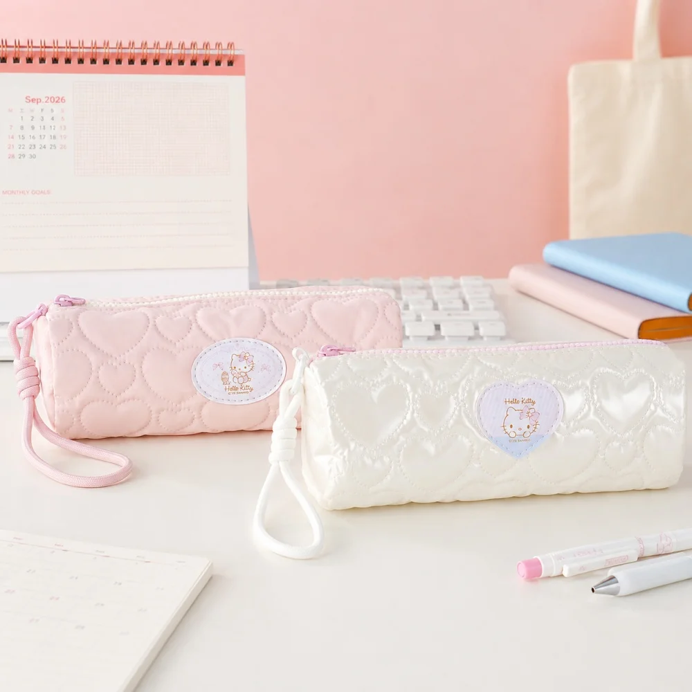 Genuine Sanrio Hello Kitty Sweet Pink Cloud Cylinder Pencil Case Large Capacity Quilted Pen Pouch for School Office Desk Storage
