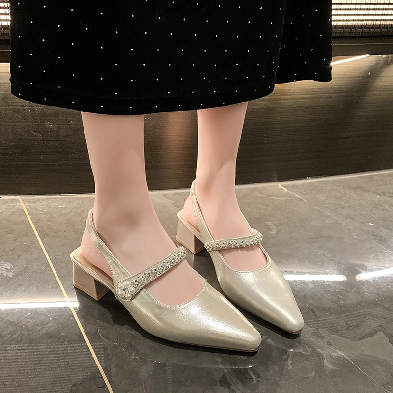 

Elegant Women's French Closed-Toe Shoes - Rhinestone Decor, Open-Back High Heels, Soft Sole, Pointed Toe, Chunky Heel, Sandals