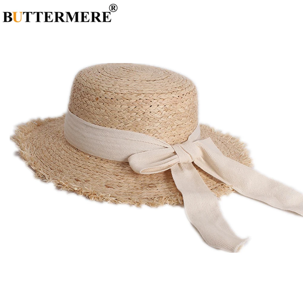 BUTTERMERE Raffia Sun Hat Women Korean Vintage Flat-top Cap Bowtie Summer Ladies Hat Holiday Casual Uv Protection Wide Brim Hat