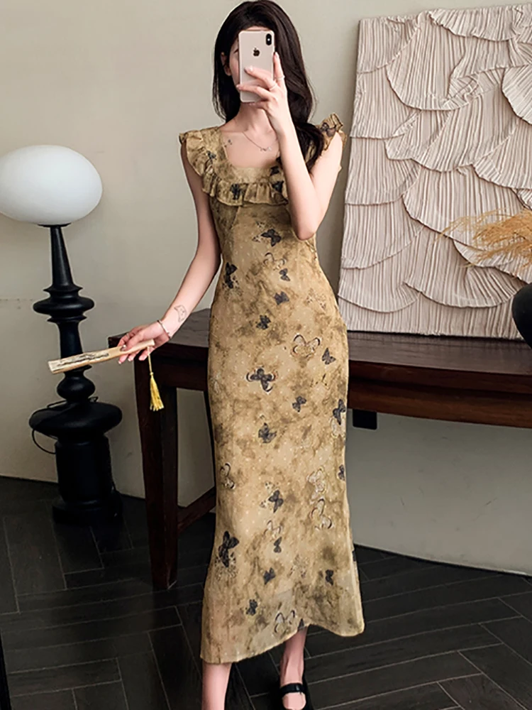 Sommer Druck Chiffon Chic Rüschen Quadrat Kragen Sling Sexy Kleid Frauen Elegante Beiläufige Lange Kleid 2025, Koreanische Bodycon Party Kleid