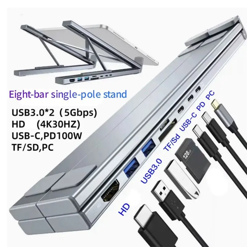 AT82-Universal Docking Station 8 In 1 USB C Laptop Dock With USB C 2 USB 3.1 SD TF Card Ports PD 100W Stand