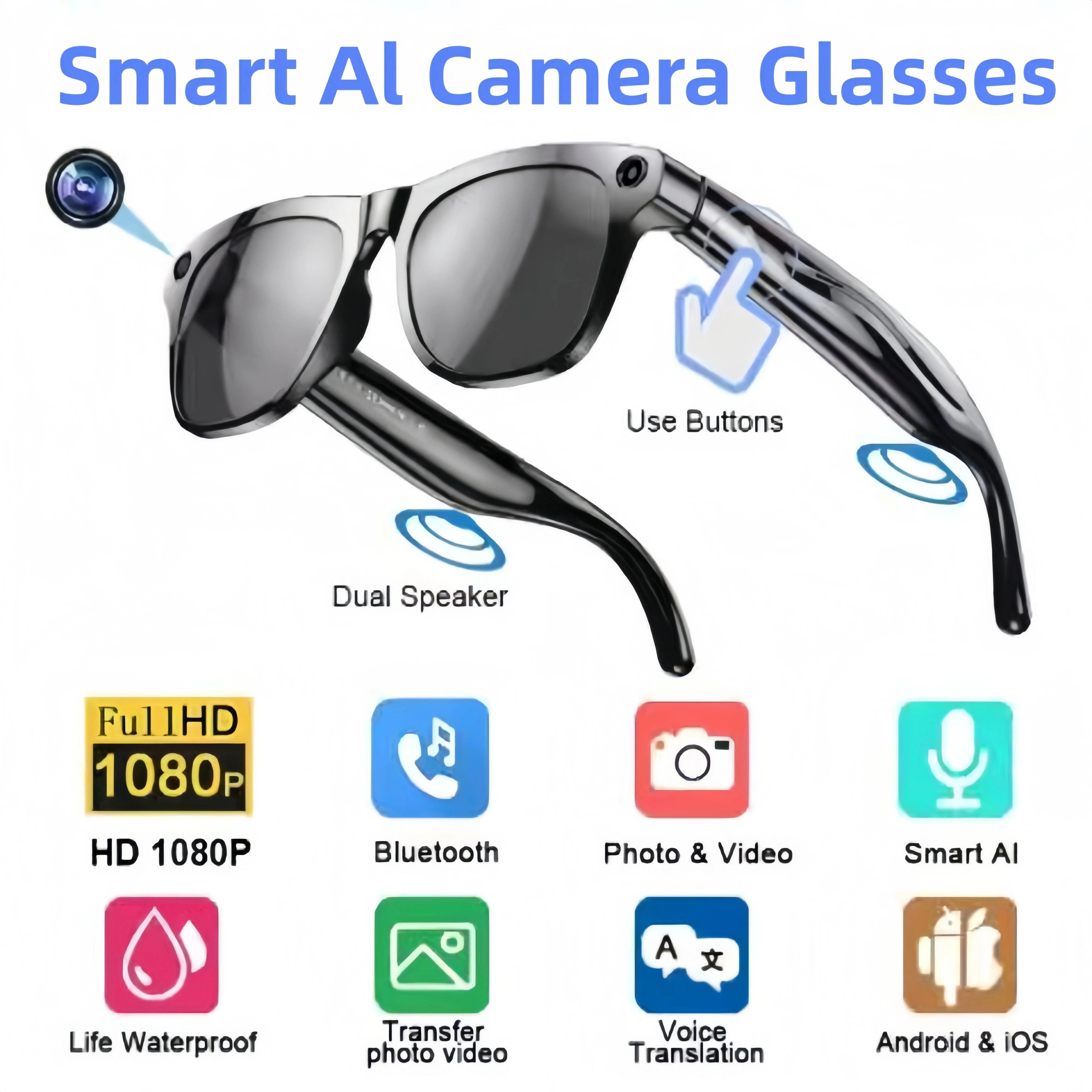 نظارات ذكية فائقة الدقة AI 2000 وات PX 1080P تدعم كاميرا متعددة الوظائف BT Call Voice Assistant WIFI Transmission 3C شحن سريع