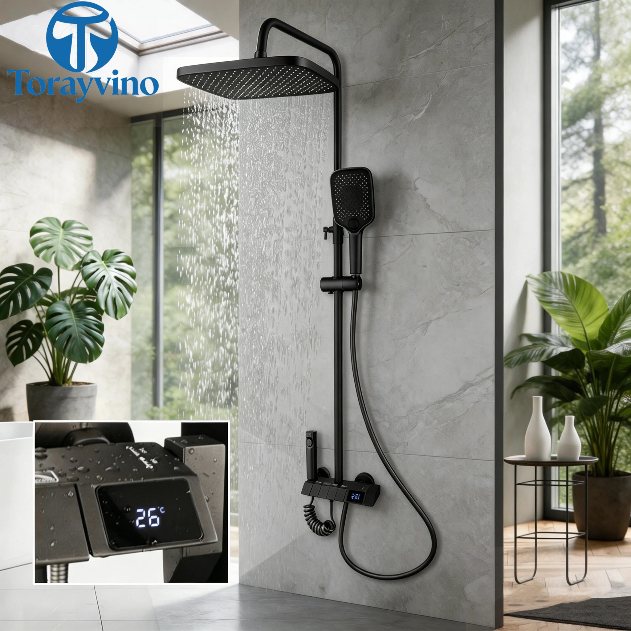 Torayvino Bathroom Black Digital display luxury Shower System Set 4-way Rainfall Head high quality outdoor faucet shower column