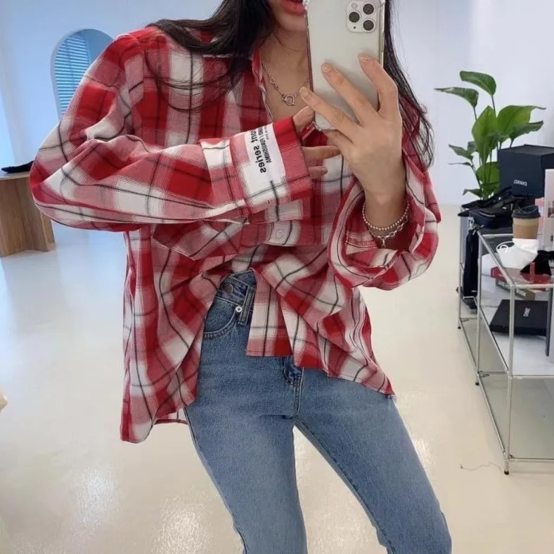 

Женская рубашка Dongda Gate в стиле ретро в клетку с длинными рукавами, осенне-зимняя новинка, удобная, дышащая, в корейском стиле