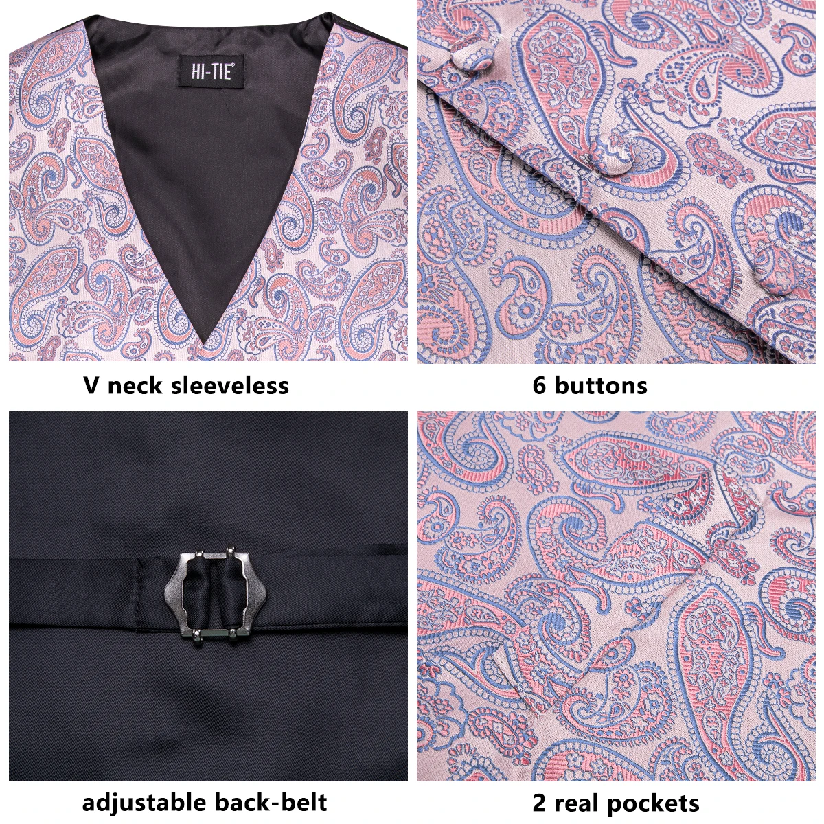 Hi-Tie Silk Mens Vests Paisley Pink Brooch V-Neck Waistcoat Tie Hanky Cufflinks Sets for Male Suit Wedding Formal Business Party