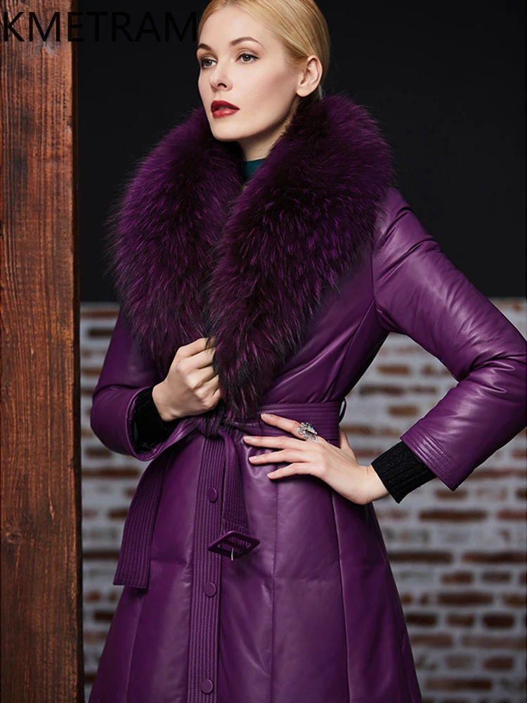 100% Schapenvacht Lange Donsjassen Dames Echt Leer Paars Pufferjack Winter Wasbeer Bontkraag Dameskleding 2025ojiк