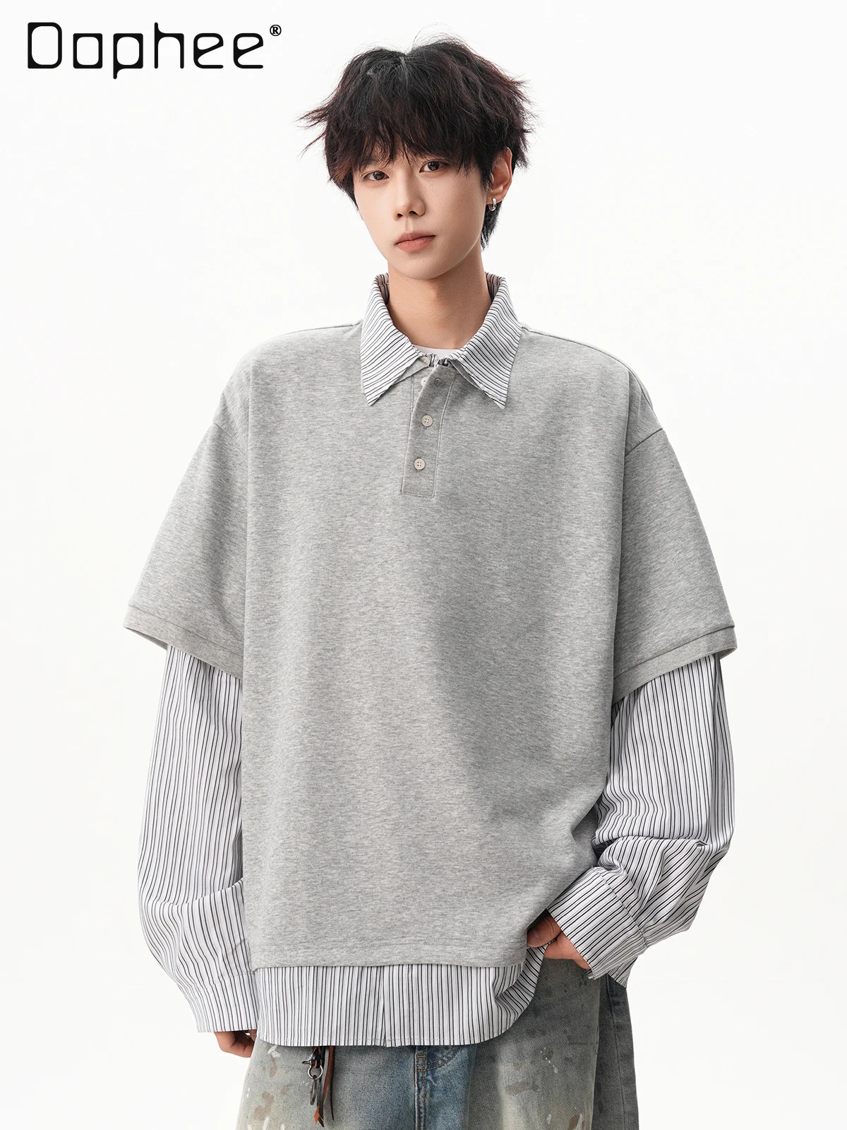 

Spring and Autumn American Style Fake Two-Piece Striped Polo Shirt Men's Loose College Style Versatile Turn-Down Collar Gray Top