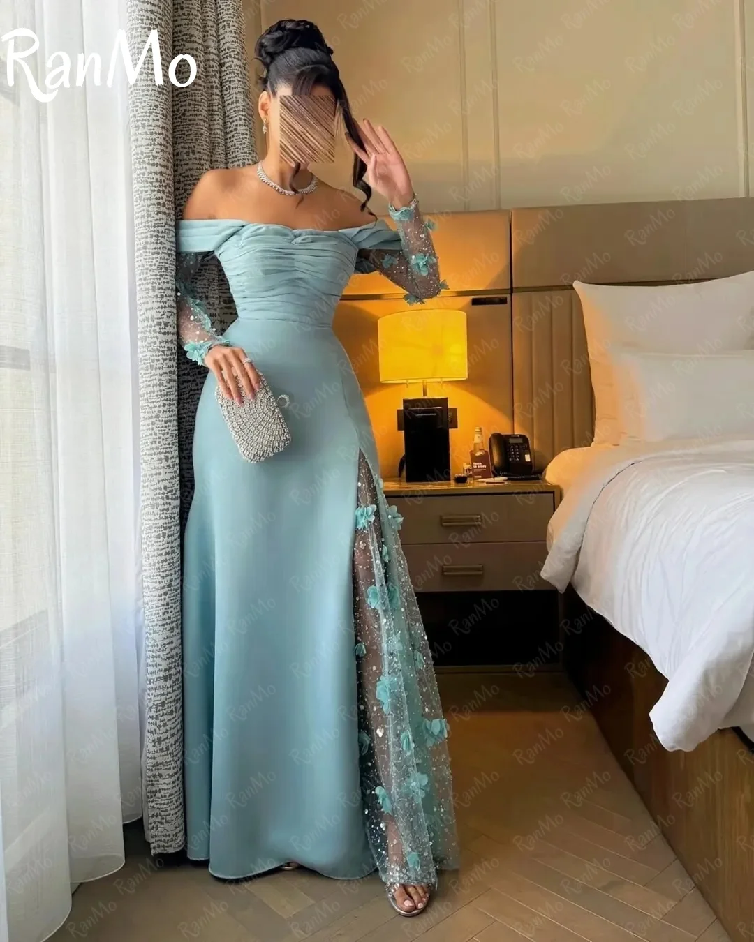 فستان سهرة جديد من Ranmo مصنوع من الدانتيل باللون الأزرق على شكل حرف a بدون أكتاف وأكمام طويلة ثلاثية الأبعاد للمناسبات الخاصة Fساتين Sheer