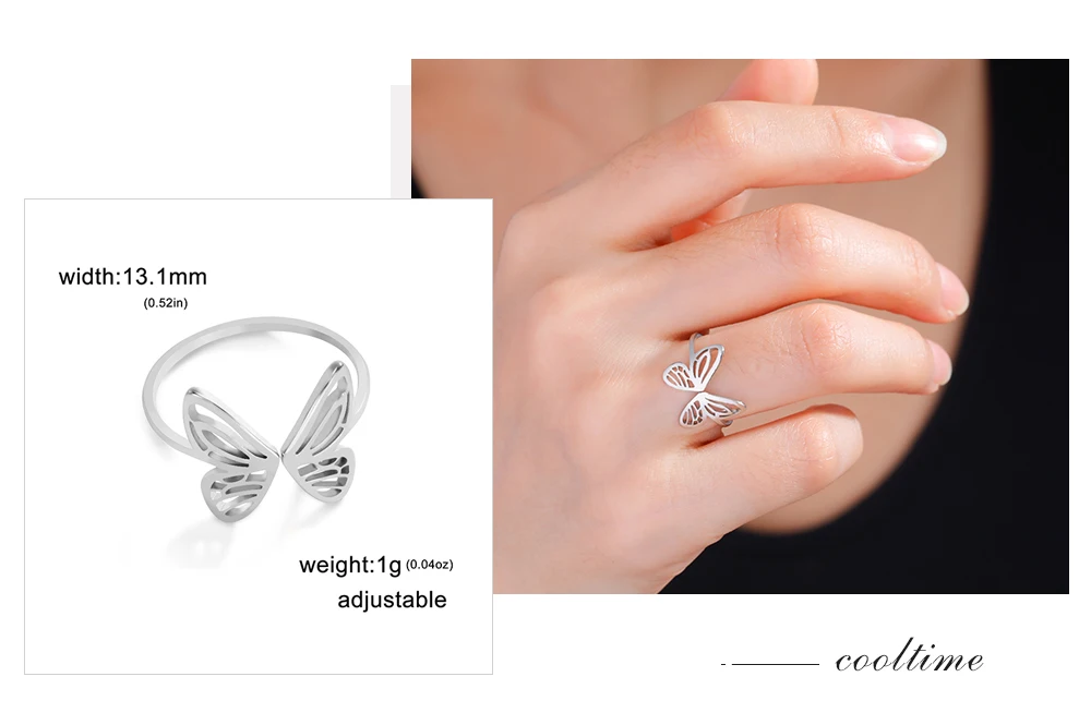 Cooltime Edelstahl Schmetterlings ringe für Frauen Mädchen Mode niedlichen verstellbaren Ring Schmuck Geschenk neu in – Detail 8