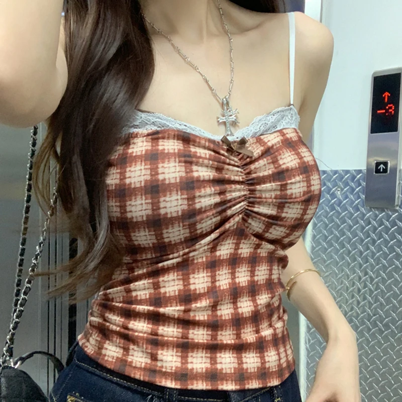 

Women'S Summer New Plaid Printed Lace Lace Patchwork Camisole Top