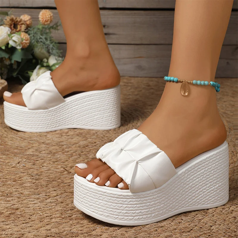 

White Pu Leather Wedges Sandals for Women Summer Lightweight Chunky Platform Sandals Woman Plus Size Super High Heeled Shoes