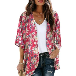 Women Floral Print Lightweight Chiffon Kimono Loose Chiffon Casual Short Mesh Bell Sleeve Panel Cardigan Boho Women Top Swimwear