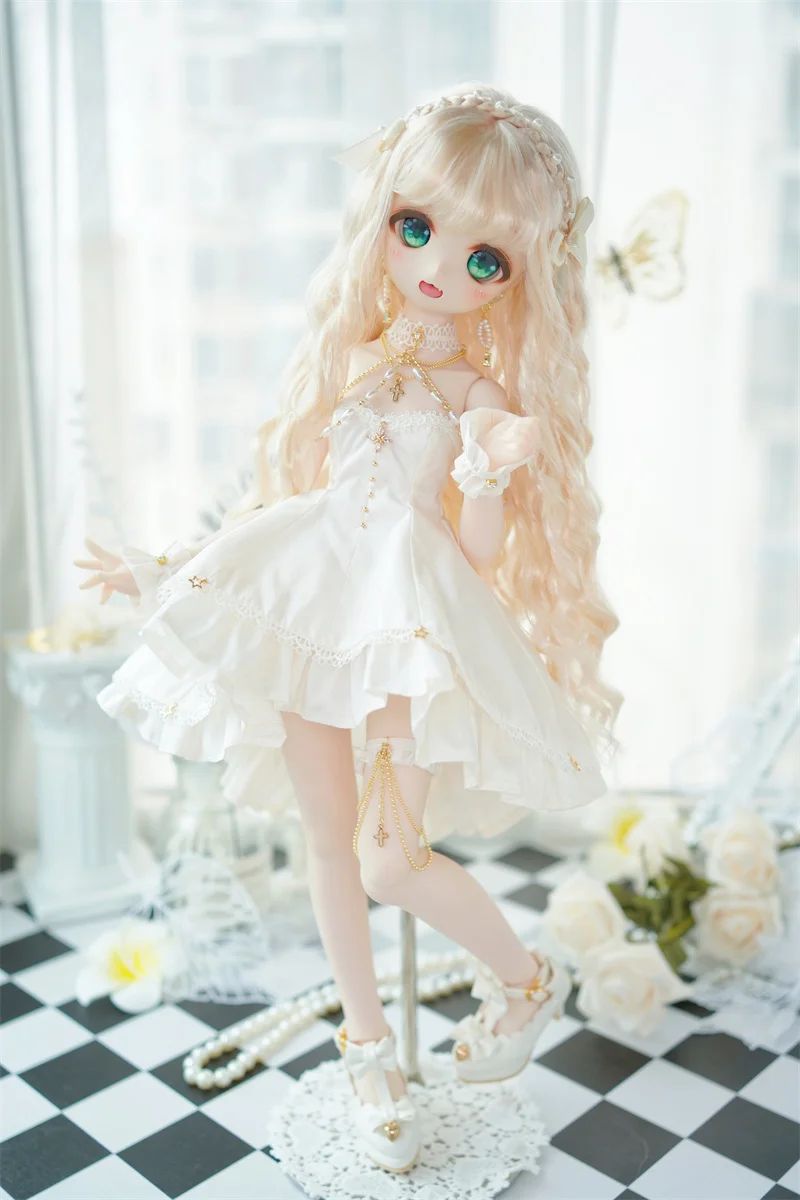 BJD/SD/DD Doll Cute Wig Girls Soft Milk Silk Brown Golden Long Braids Butterfly Bow Curly Hair 1/3 1/4 Doll Accessories(no doll)