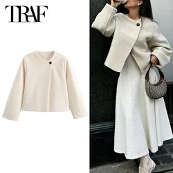 TRAF Cropped Wool&Blends Parkas 2024 Women's Warm Winter Jacket Autumn Demi-Season Long Sleeve Short Coats New In Outerwears