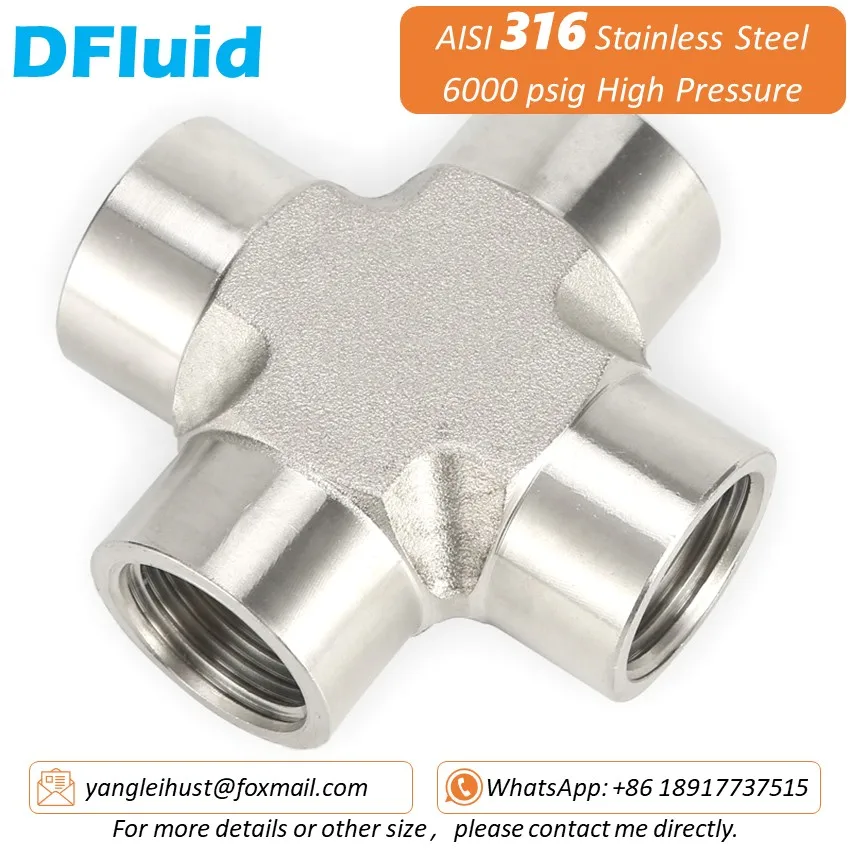 SUS 316 Female Thread CROSS 4-Way Connection NPT BSPT 1/8 1/4 3/8 1/2 High Pressure 6000psig 40MPa Stainless Steel Pipe Fitting