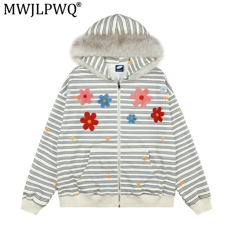 MWJLPWQ American Striped Fur-Collar Hooded Cardigan Sweatshirt Men Spring Autumn Trendy Personalized Loose Floral Tops 20615