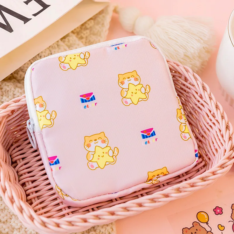 Women Girls Kawaii Cosmetic Makeup Tampon Bear Napkin Pouch Storage Bag Coin Purse Sanitary Pads Bag Mini Data Cables Organizer