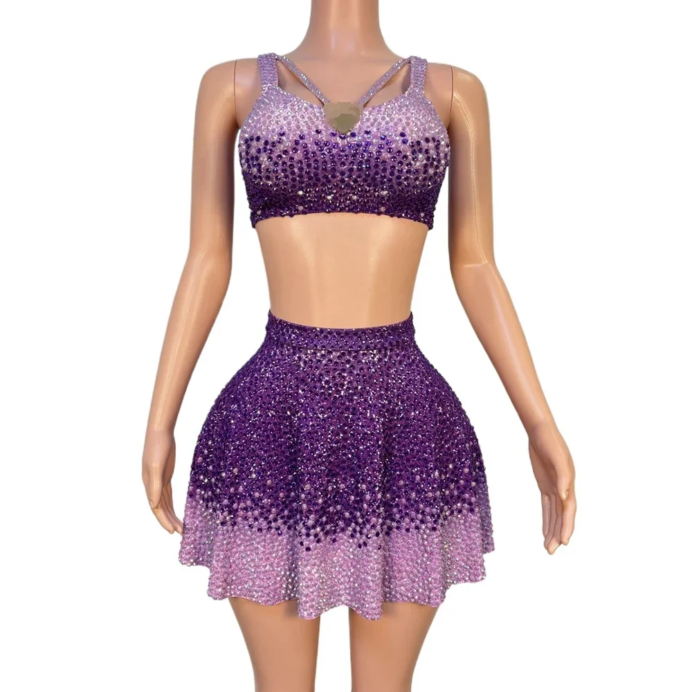 Sparkly Rhinestones Crop Top Skirt Two Pieces Set Women Sexy Celebrate Birthday Dress Performance Dance Costume Show Stage Wear