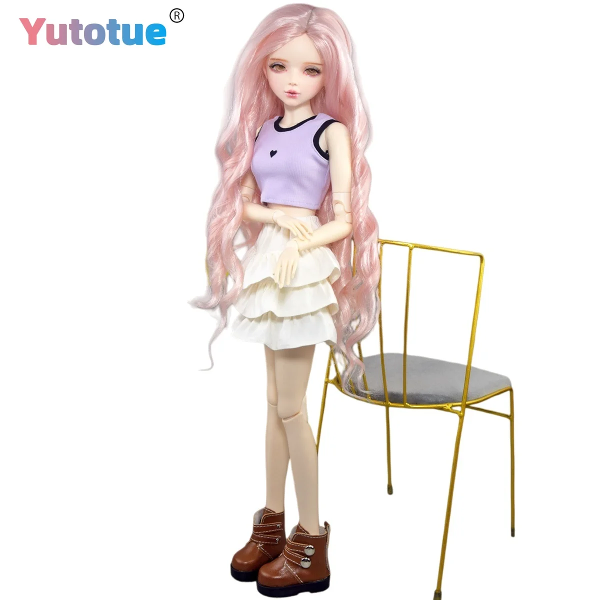 YUTOTUE 56cm Height Girl Doll with Removable Vest Skirt Shoes Curly Wig Gold Eyes Lifelike 1/3 Scale BJD Doll Toy
