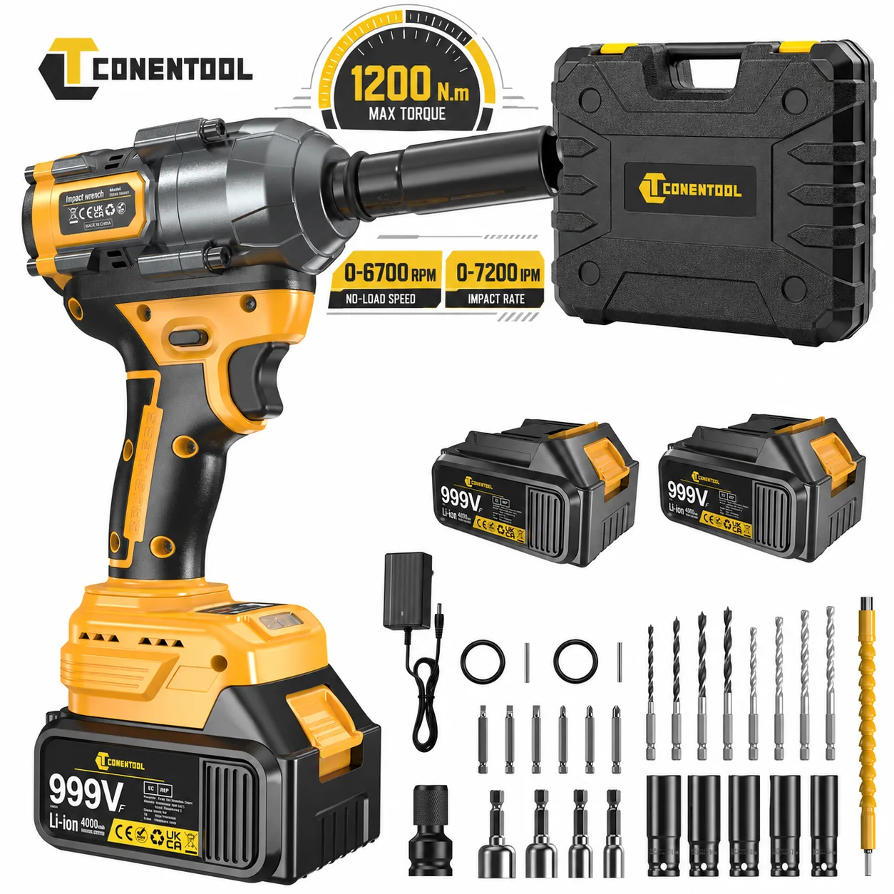 CONENTOOL 21V 1200Nm Avvitatore a impulsi senza fili ad alta coppia 1/2 pollice 3-in-1 Utensile elettrico con batteria al litio da 4000mAh Avvitatore a impulsi con funzione avanti/indietro per