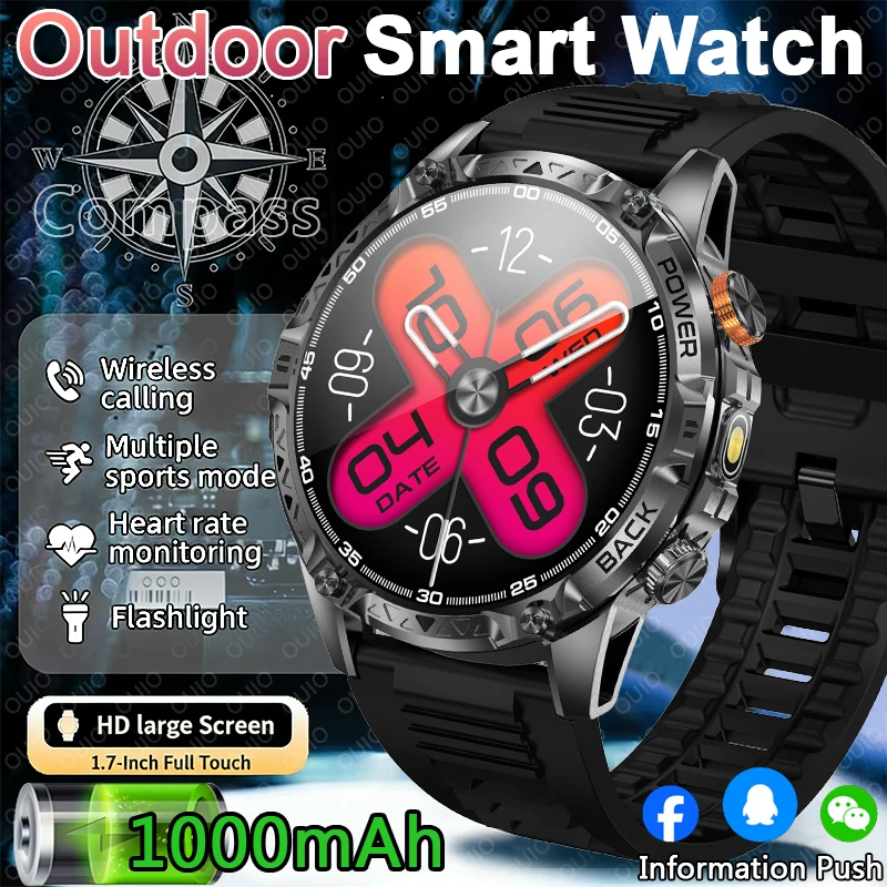 

New Outdoor Smart Watch 1000 MAh Compass LED Flashlight Health Monitoring 100+sports IP68 Waterproof Bluetooth Call Smart Watch