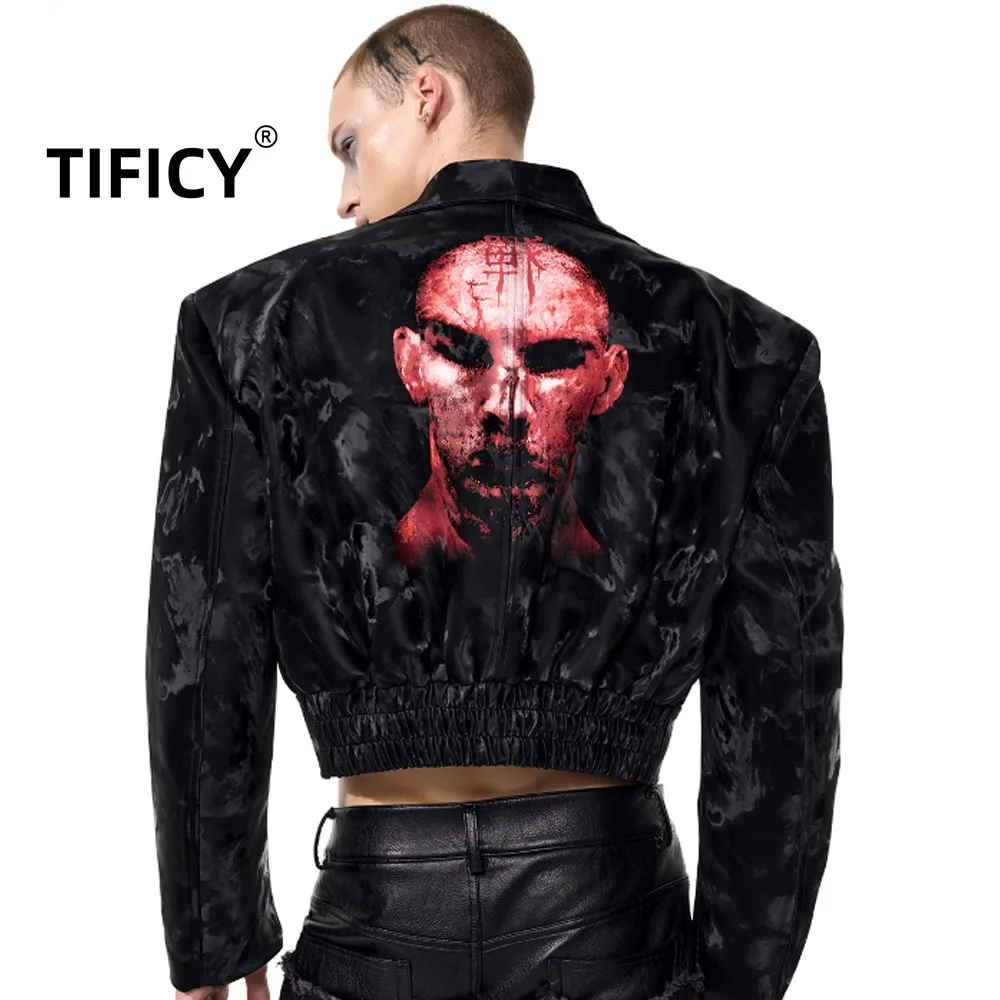

High Street Portrait Printed Jacket Short Pu Leather Jacket Men's Autumn Silhouette Hip-hop Motorcycle Streetwear Coats