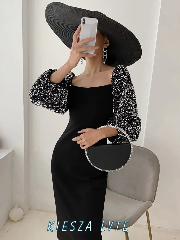 

Gorgeous hepburn style Vintage Black Dress Sequins Perfect Parties and Events Birthday party dress 2024 Autumn dress for women